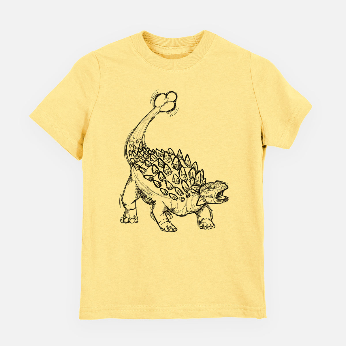 Butter yellow youth t-shirt laid flat, printed with a black ink illustration of an Ankylosaurus with its club tail raised.