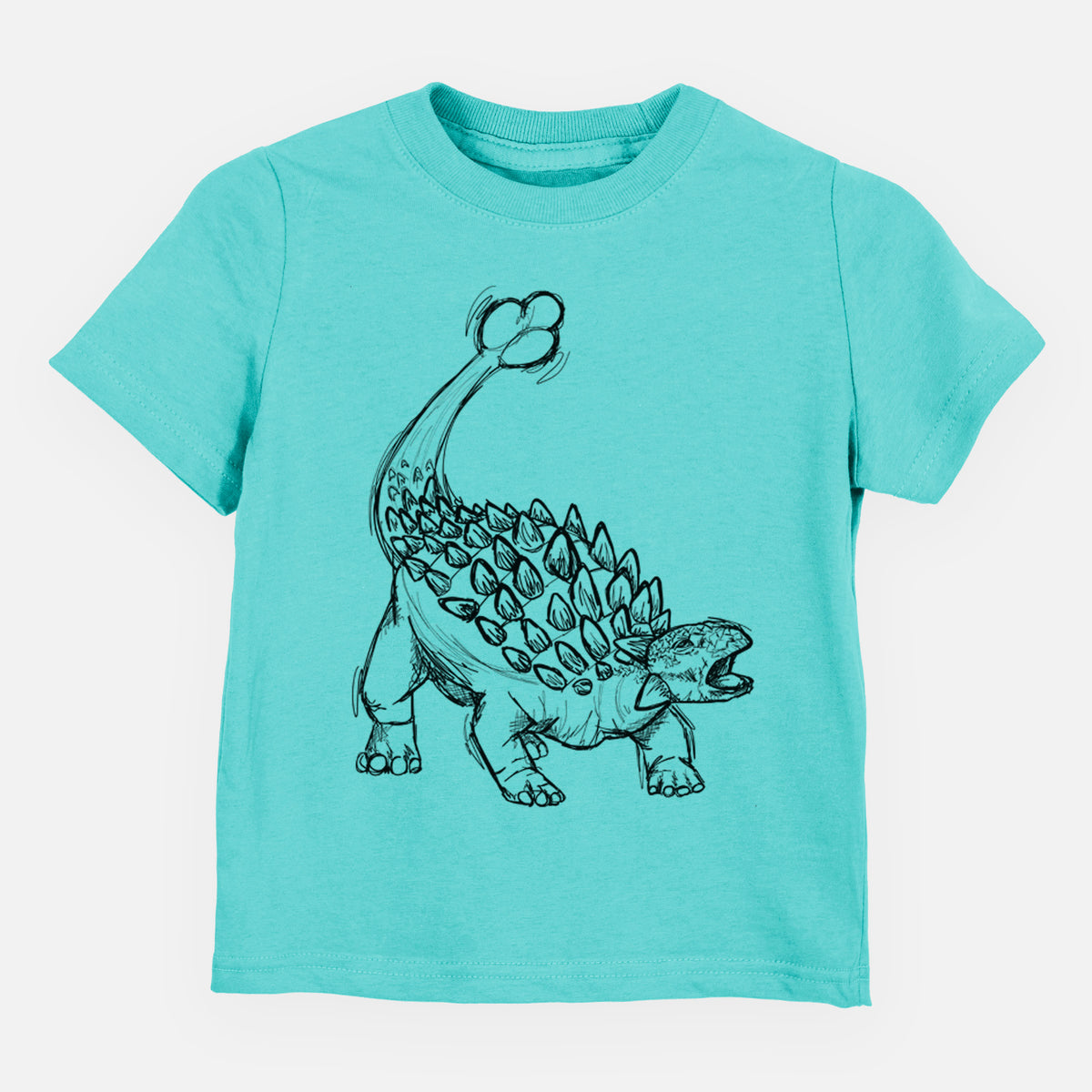 Caribbean blue toddler t-shirt laid flat, printed with a black ink illustration of an Ankylosaurus with its club tail raised.