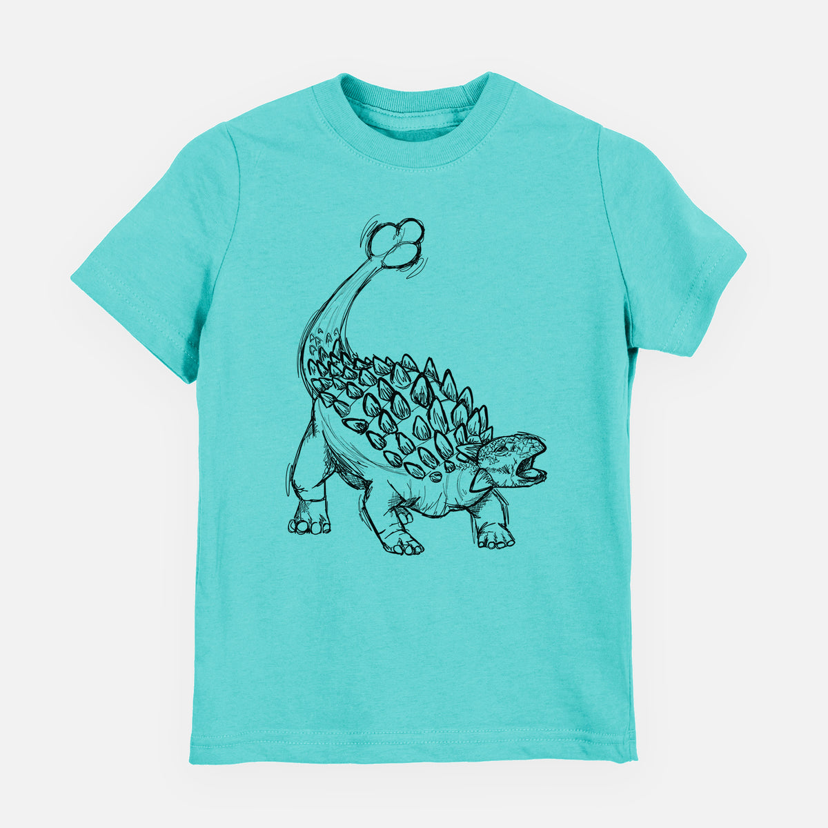 Caribbean blue youth t-shirt laid flat, printed with a black ink illustration of an Ankylosaurus with its club tail raised.