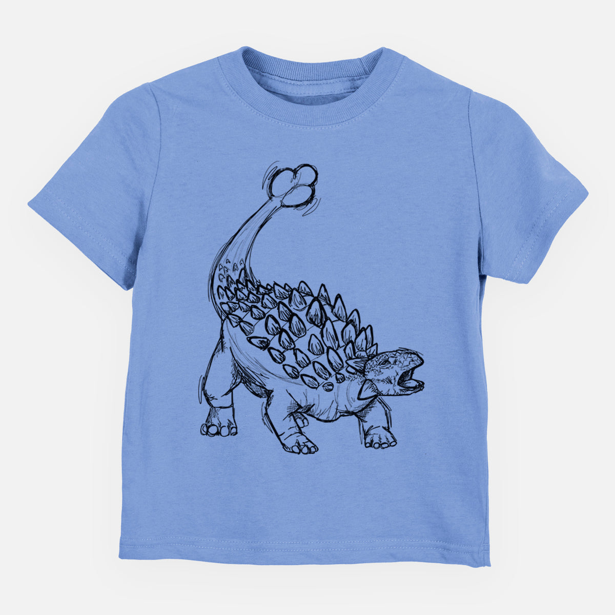 Carolina blue toddler t-shirt laid flat, printed with a black ink illustration of an Ankylosaurus with its club tail raised.