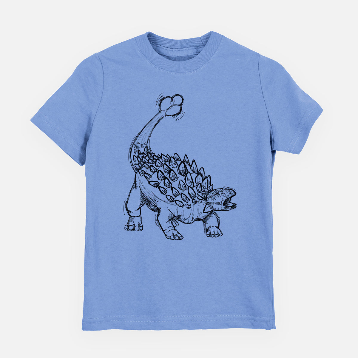 Carolina blue youth t-shirt laid flat, printed with a black ink illustration of an Ankylosaurus with its club tail raised.