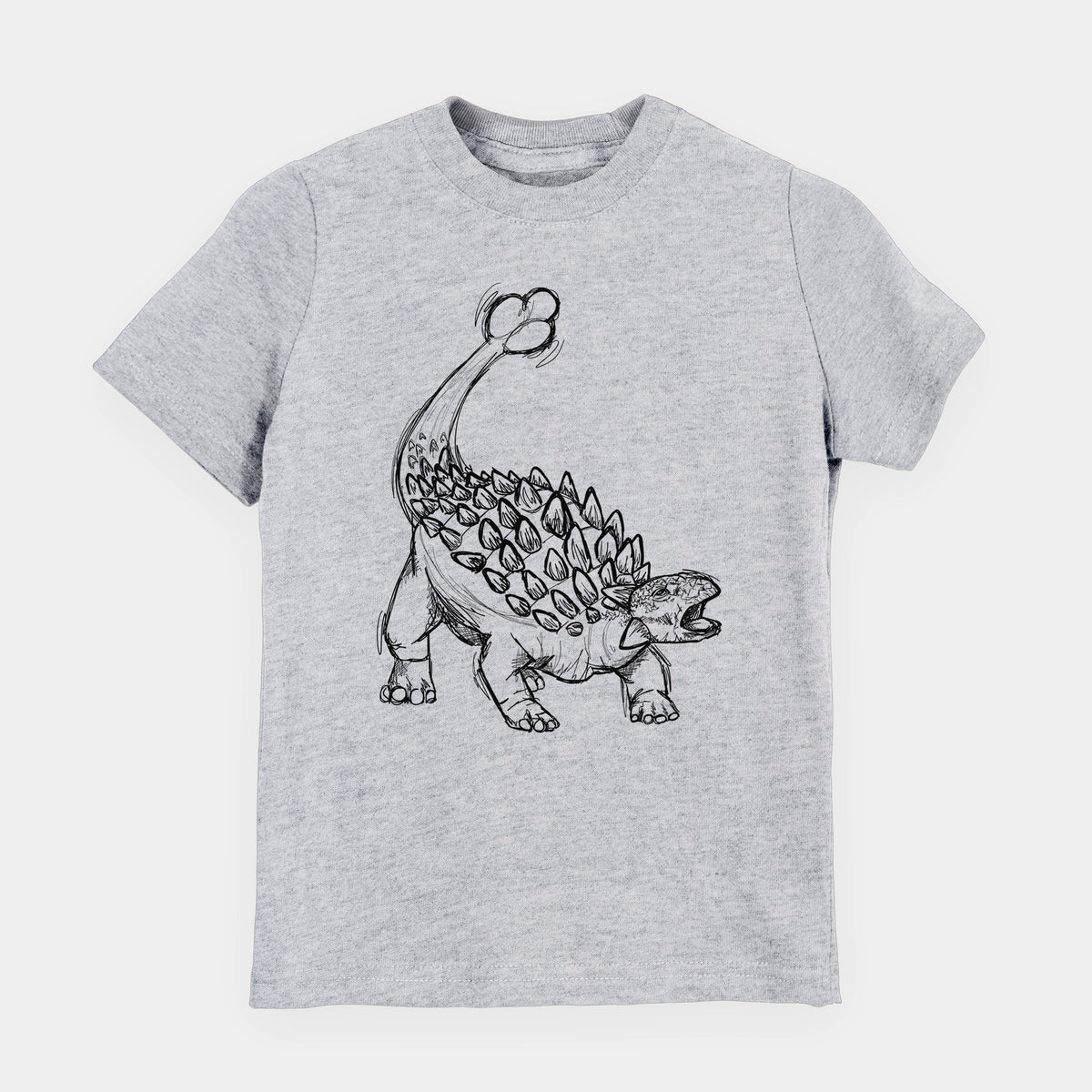 Heather grey youth t-shirt laid flat, printed with a black ink illustration of an Ankylosaurus with its club tail raised.