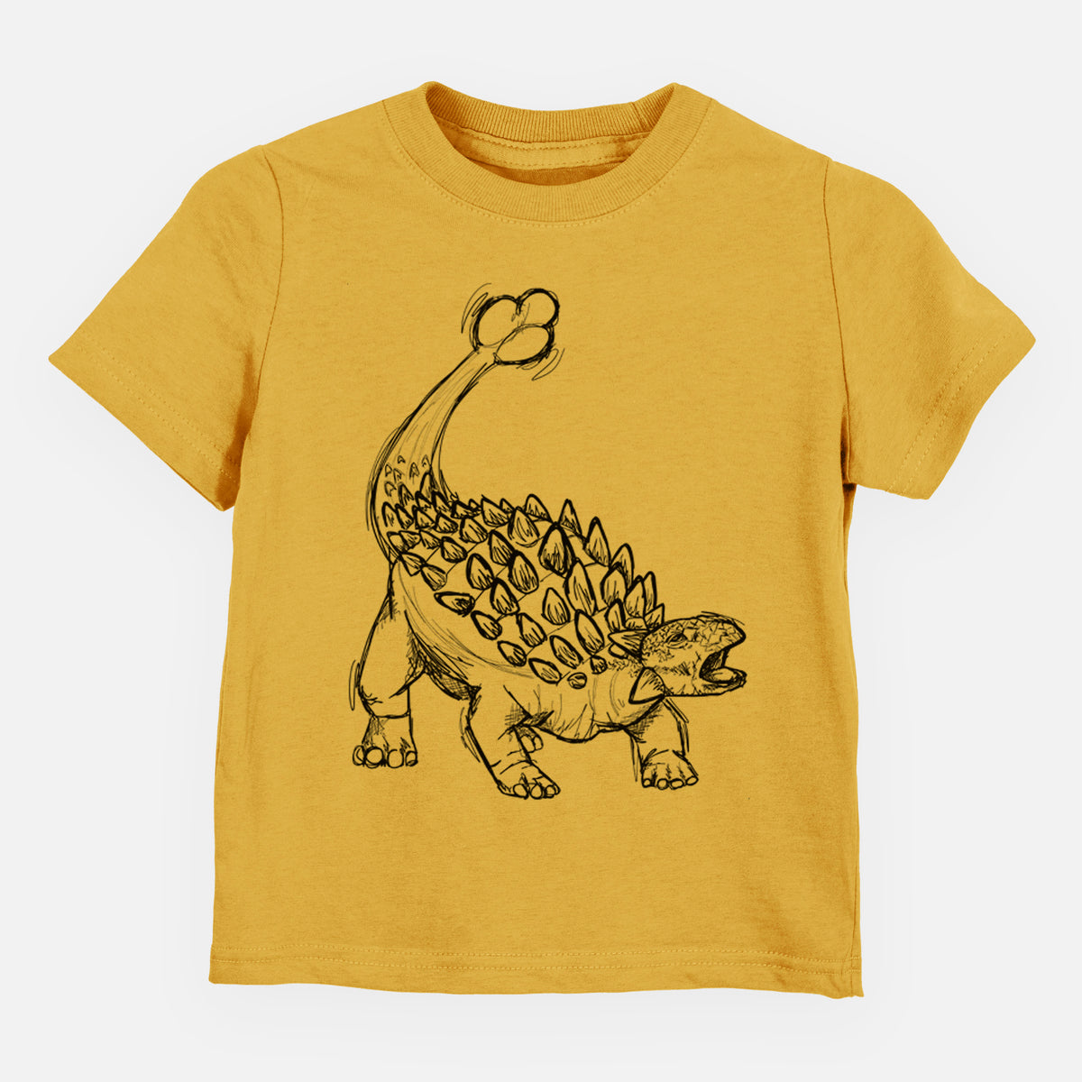 Honeycomb yellow toddler t-shirt laid flat, printed with a black ink illustration of an Ankylosaurus with its club tail raised.