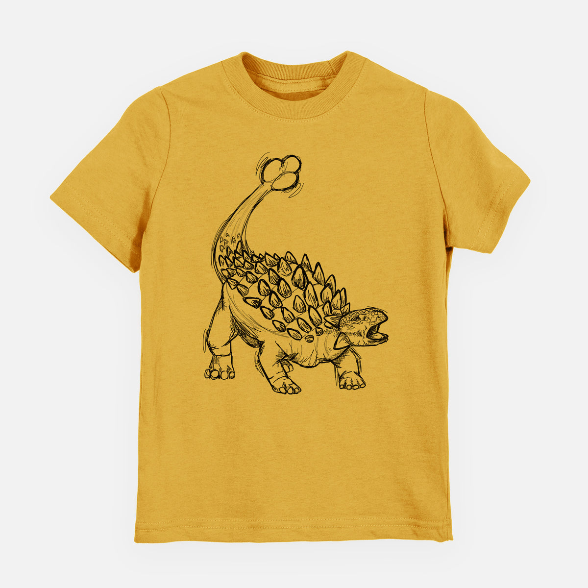 Honeycomb yellow youth t-shirt laid flat, printed with a black ink illustration of an Ankylosaurus with its club tail raised.