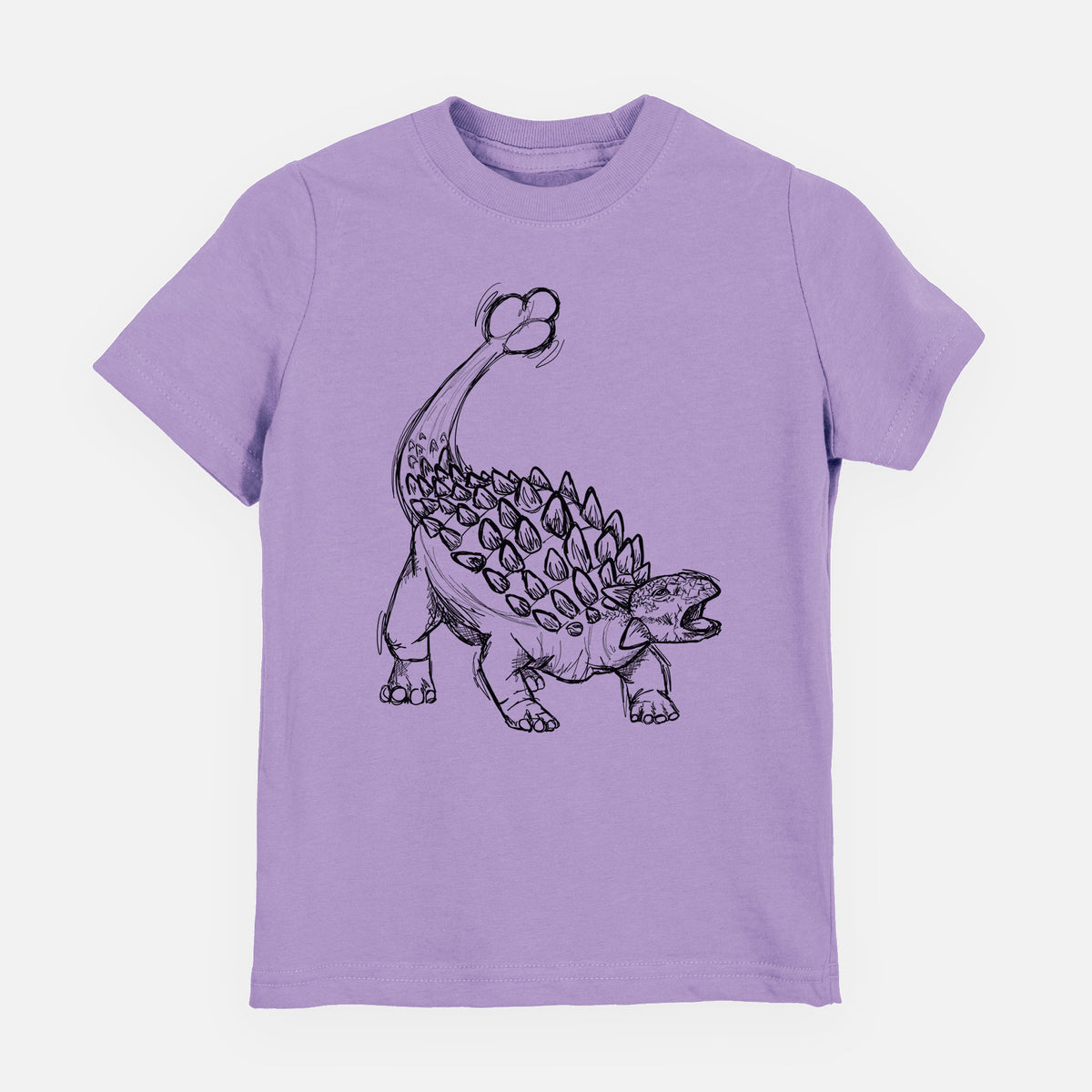 Lavender youth t-shirt laid flat, printed with a black ink illustration of an Ankylosaurus with its club tail raised.