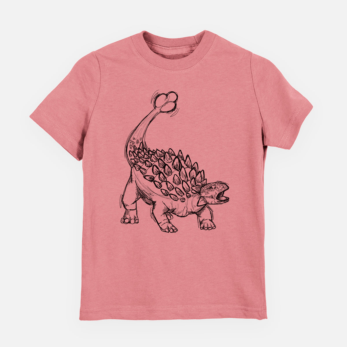 Mauve pink youth t-shirt laid flat, printed with a black ink illustration of an Ankylosaurus with its club tail raised.