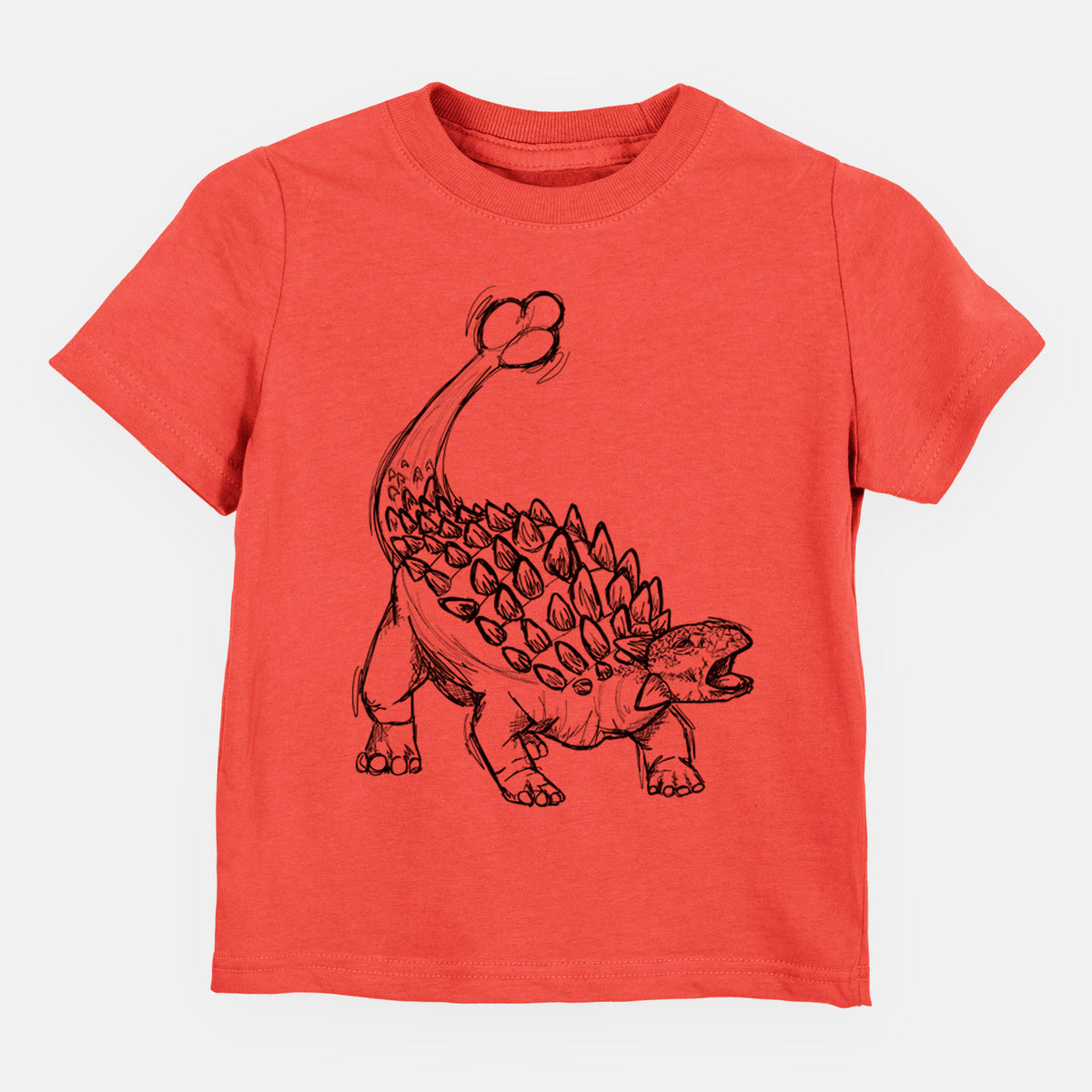 Passionfruit pink toddler t-shirt laid flat, printed with a black ink illustration of an Ankylosaurus with its club tail raised.