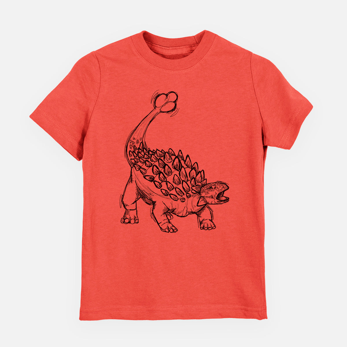 Passionfruit pink youth t-shirt laid flat, printed with a black ink illustration of an Ankylosaurus with its club tail raised.