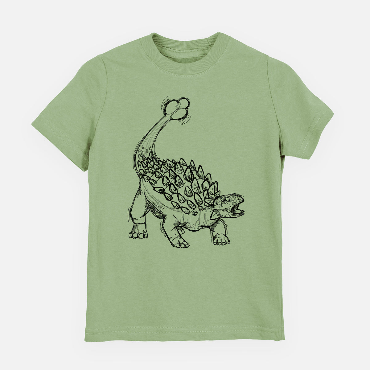 Sage green youth t-shirt laid flat, printed with a black ink illustration of an Ankylosaurus with its club tail raised.