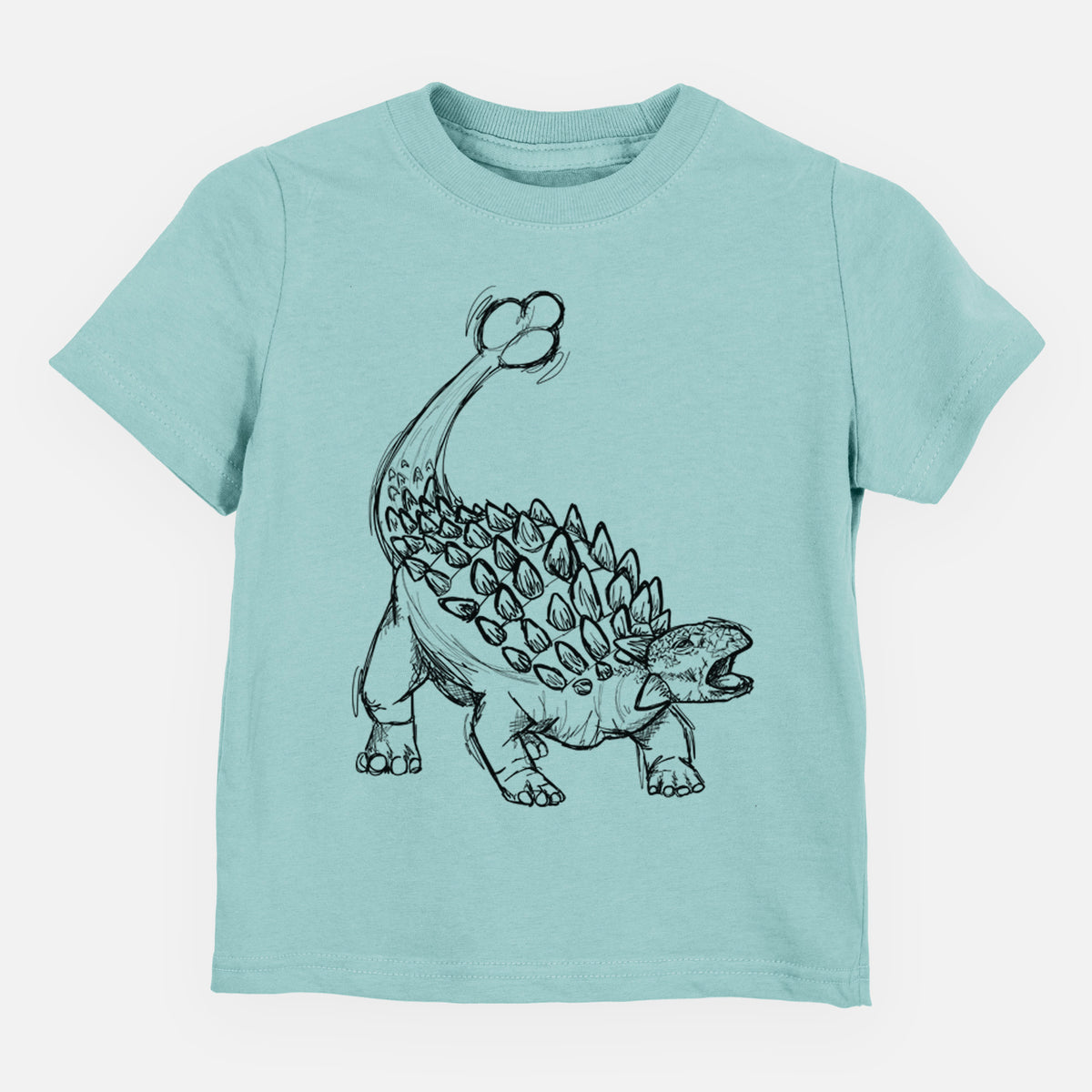 Saltwater toddler t-shirt laid flat, printed with a black ink illustration of an Ankylosaurus with its club tail raised.