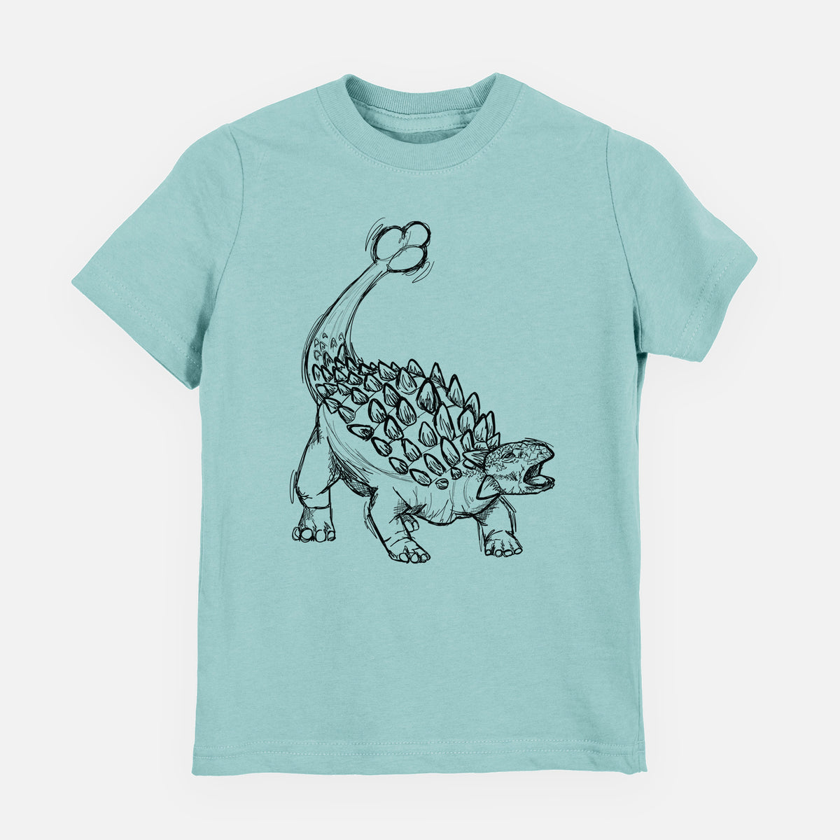 Saltwater youth t-shirt laid flat, printed with a black ink illustration of an Ankylosaurus with its club tail raised.