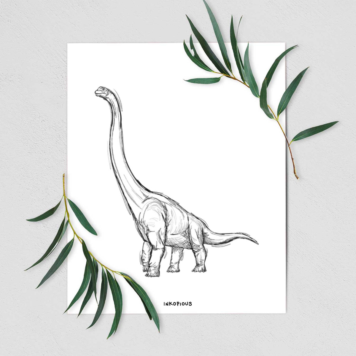 Art print of a black ink illustration of a long-necked Apatosaurus walking, shown with eucalyptus leaves.