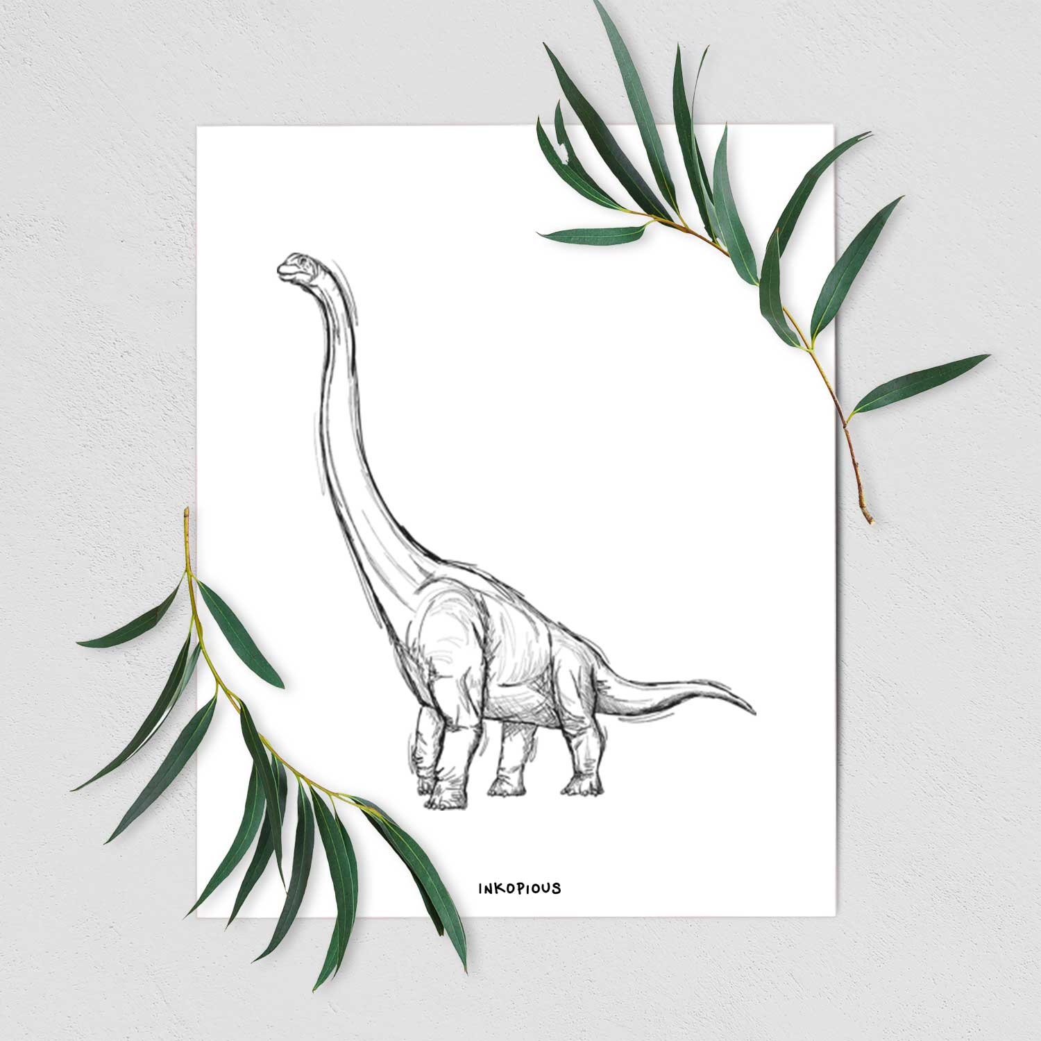 Art print of a black ink illustration of a long-necked Apatosaurus walking, shown with eucalyptus leaves.