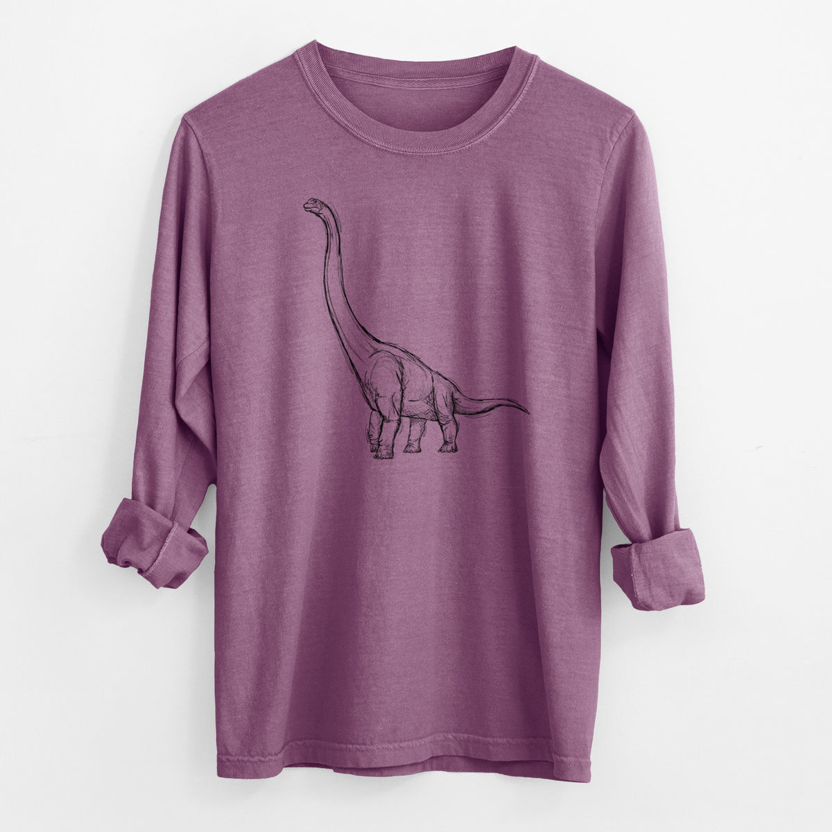 Berry pink Comfort Colors long sleeve shirt laid flat with the cuffs rolled, printed with a black ink illustration of a long-necked Apatosaurus walking.