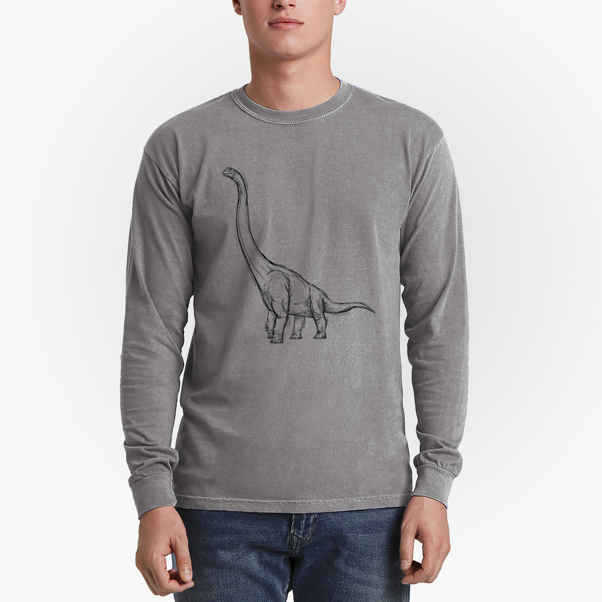 Man wearing a grey Comfort Colors long sleeve shirt printed with a black ink illustration of a long-necked Apatosaurus walking.
