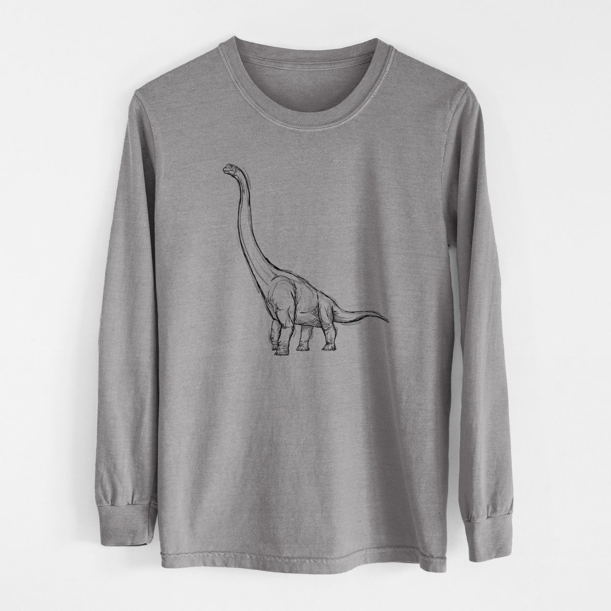 Grey Comfort Colors long sleeve shirt laid flat, printed with a black ink illustration of a long-necked Apatosaurus walking.