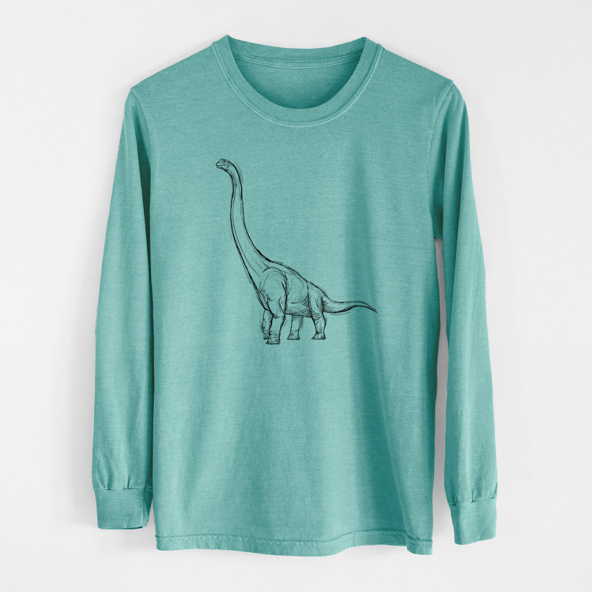 Reef green Comfort Colors long sleeve shirt laid flat, printed with a black ink illustration of a long-necked Apatosaurus walking.