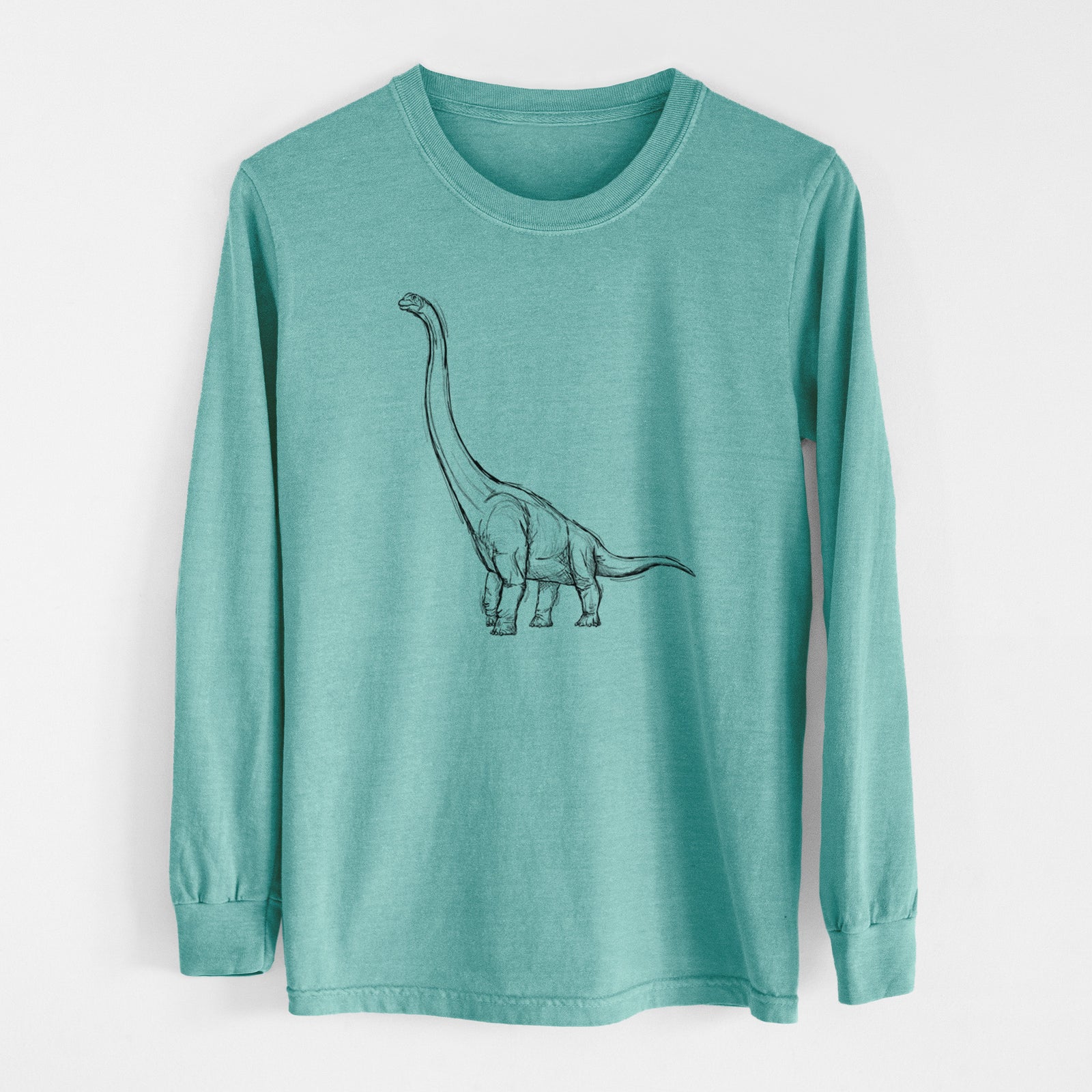 Reef green Comfort Colors long sleeve shirt laid flat, printed with a black ink illustration of a long-necked Apatosaurus walking.