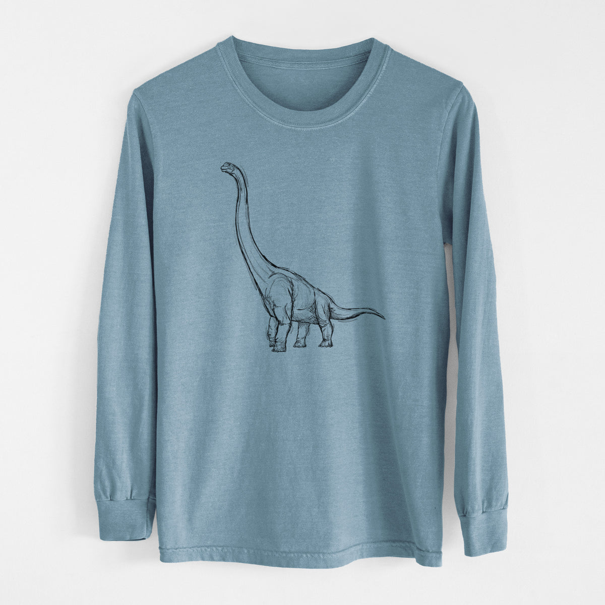 Steel blue Comfort Colors long sleeve shirt laid flat, printed with a black ink illustration of a long-necked Apatosaurus walking.