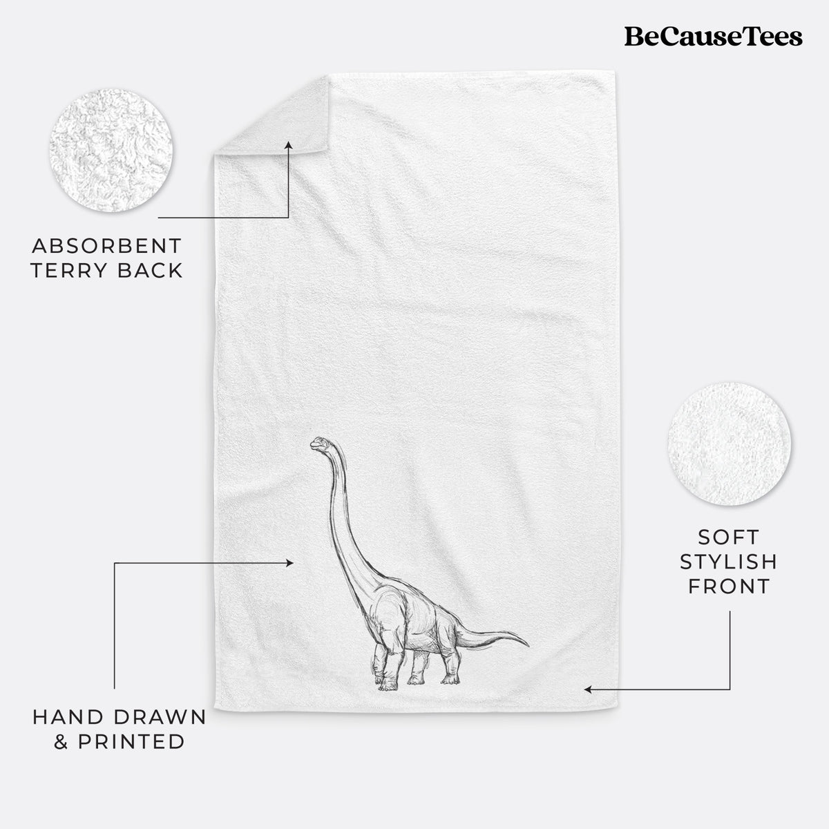 White hand towel printed with a black ink illustration of a long-necked Apatosaurus walking.