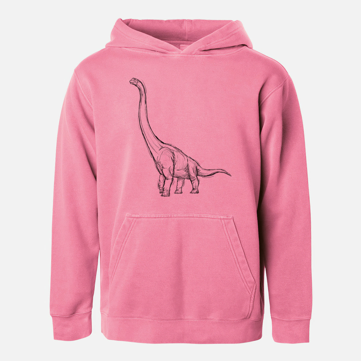 Pigment pink youth pigment dyed hoodie laid flat, printed with a black ink illustration of a long-necked Apatosaurus walking.