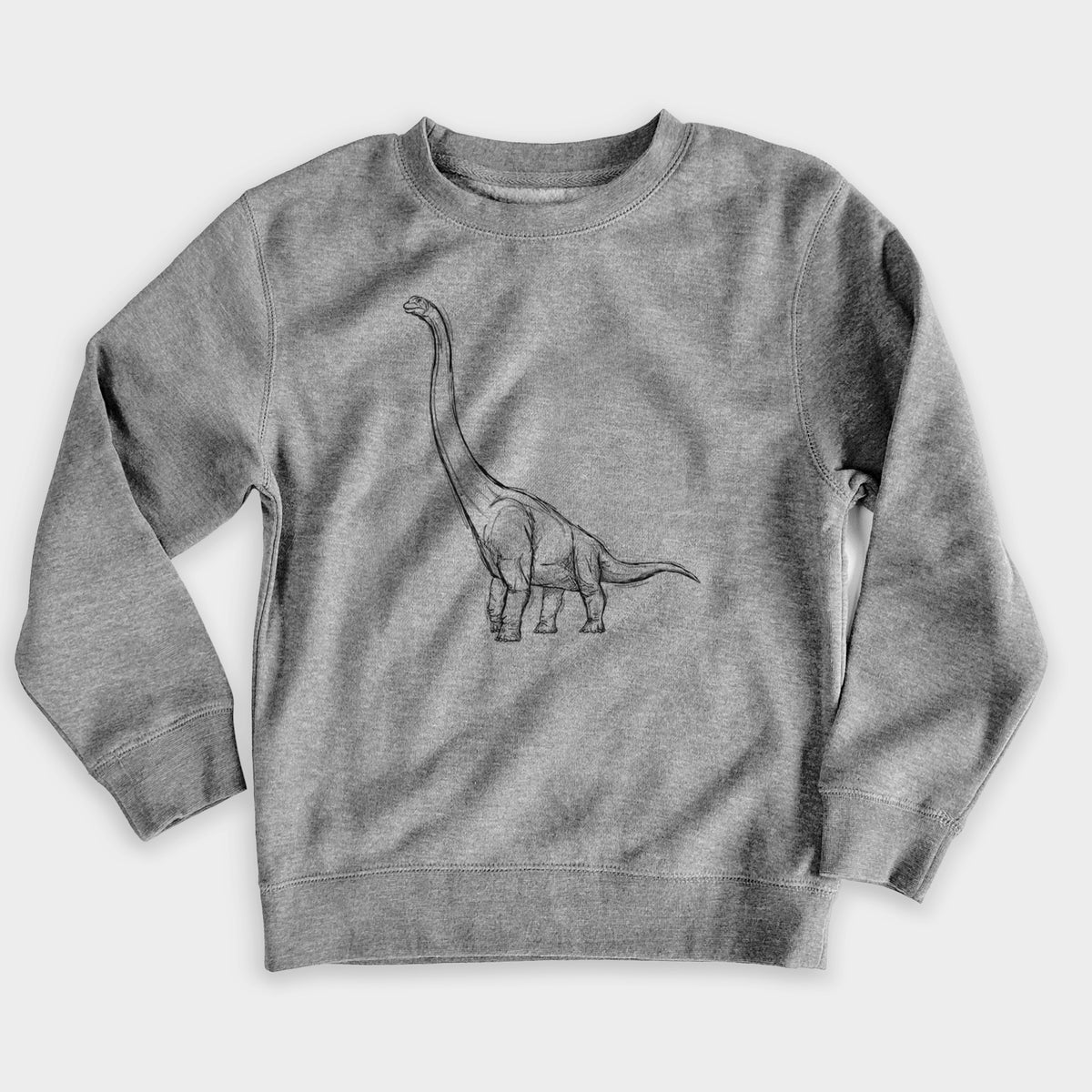 Nickel grey youth crewneck sweatshirt laid flat, printed with a black ink illustration of a long-necked Apatosaurus walking.