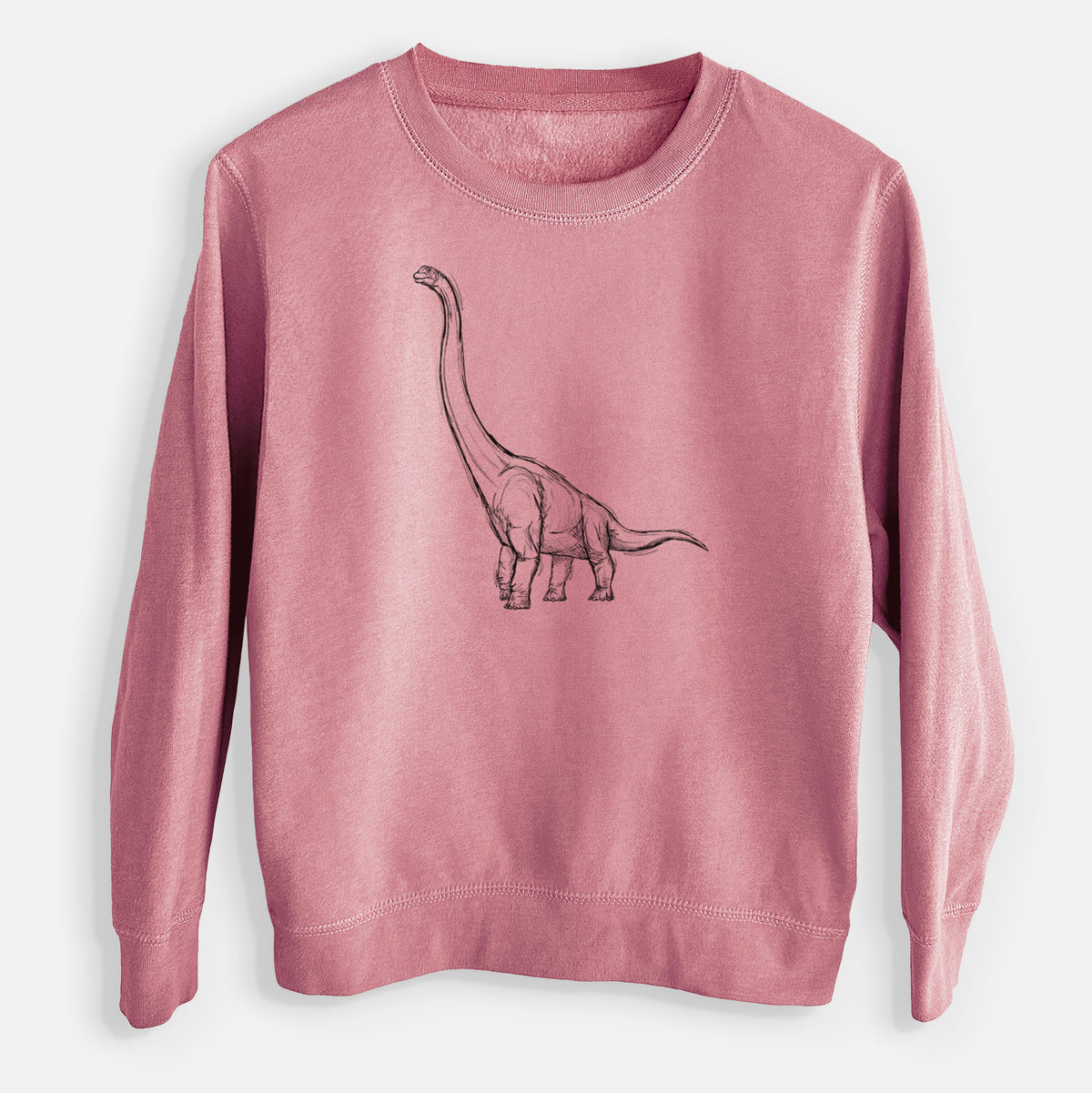 Mauve pink youth crewneck sweatshirt laid flat, printed with a black ink illustration of a long-necked Apatosaurus walking.