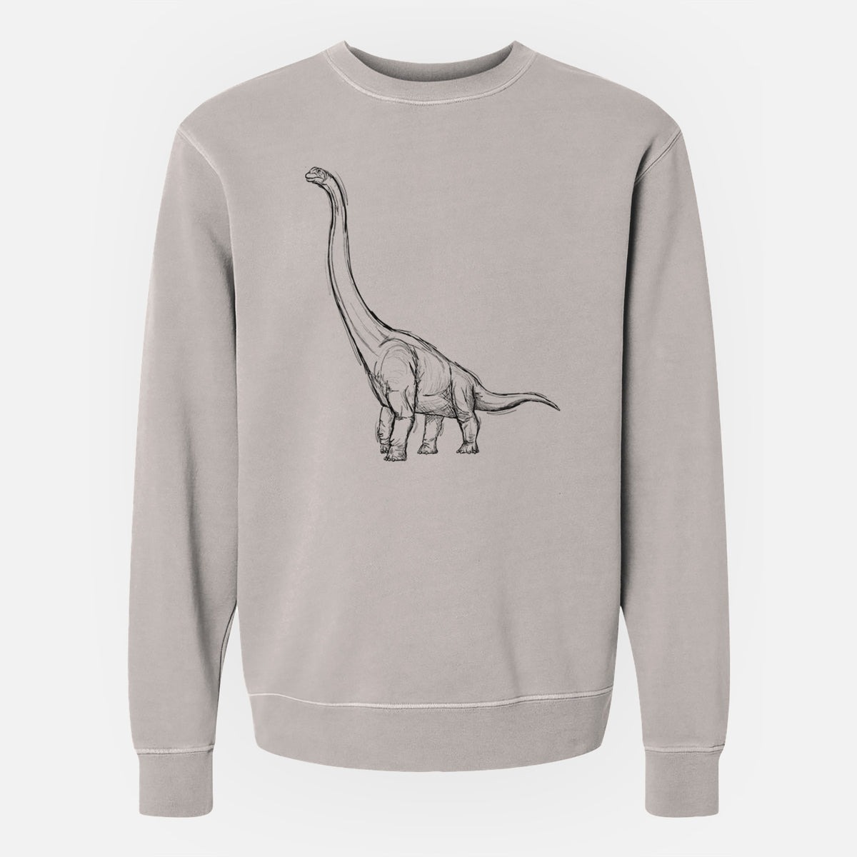 Cement grey pigment dyed crewneck sweatshirt laid flat, printed with a black ink illustration of a long-necked Apatosaurus walking.