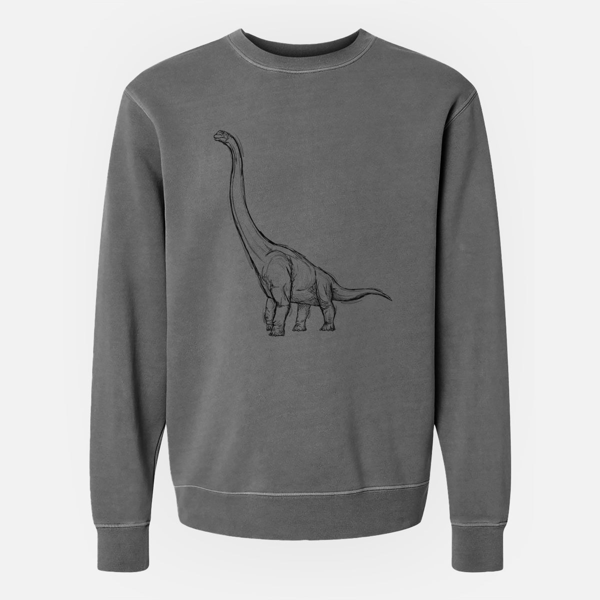 Faded black pigment dyed crewneck sweatshirt laid flat, printed with a black ink illustration of a long-necked Apatosaurus walking.