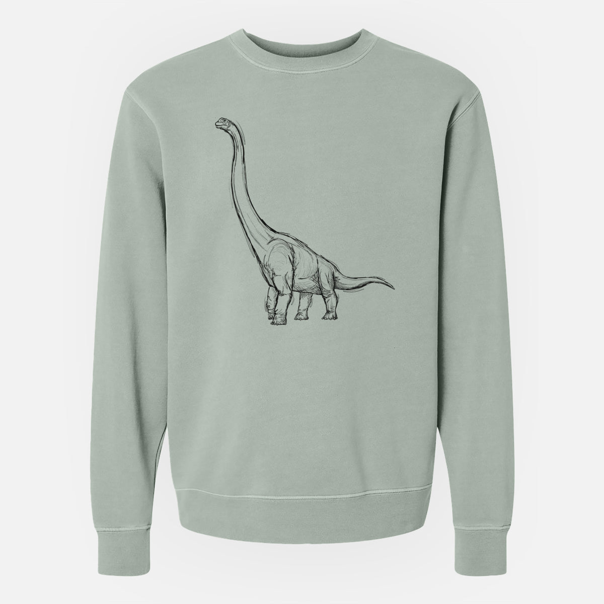 Sage green pigment dyed crewneck sweatshirt laid flat, printed with a black ink illustration of a long-necked Apatosaurus walking.