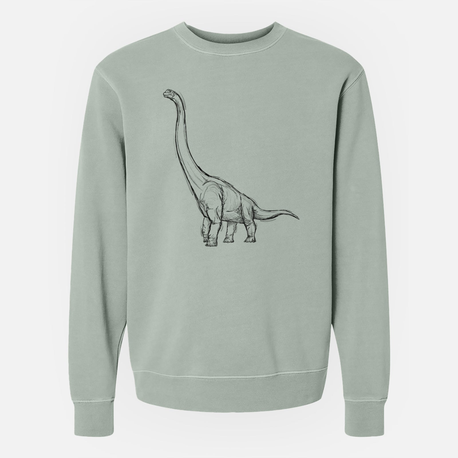 Sage green pigment dyed crewneck sweatshirt laid flat, printed with a black ink illustration of a long-necked Apatosaurus walking.