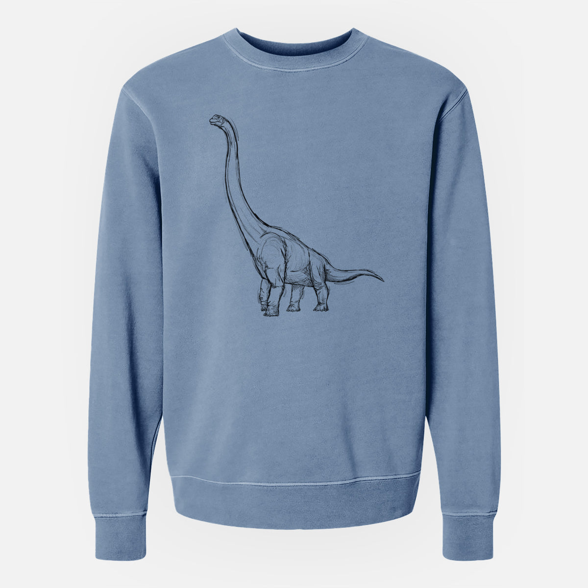 Slate blue pigment dyed crewneck sweatshirt laid flat, printed with a black ink illustration of a long-necked Apatosaurus walking.