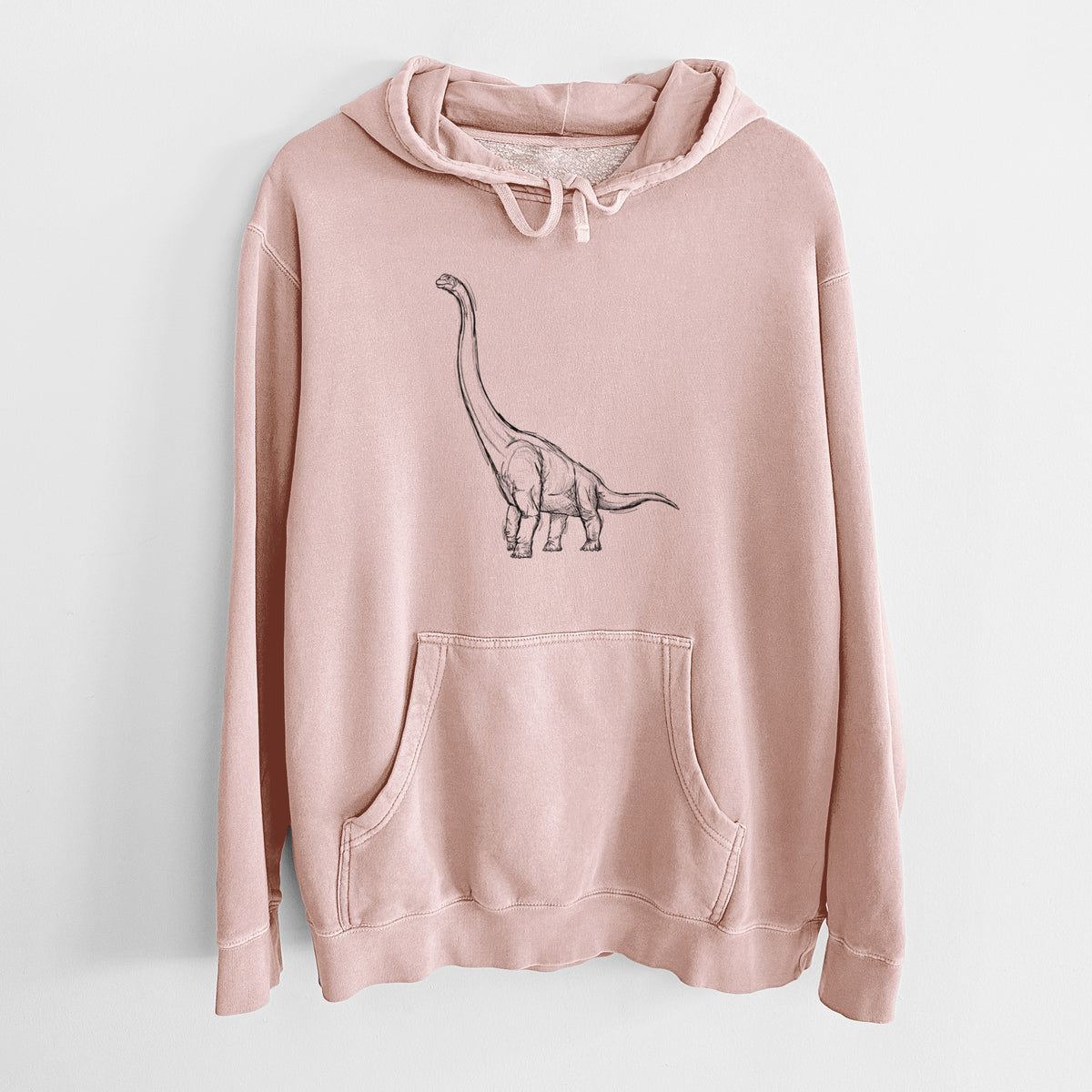 Dusty pink pigment dyed hoodie laid flat, printed with a black ink illustration of a long-necked Apatosaurus walking.