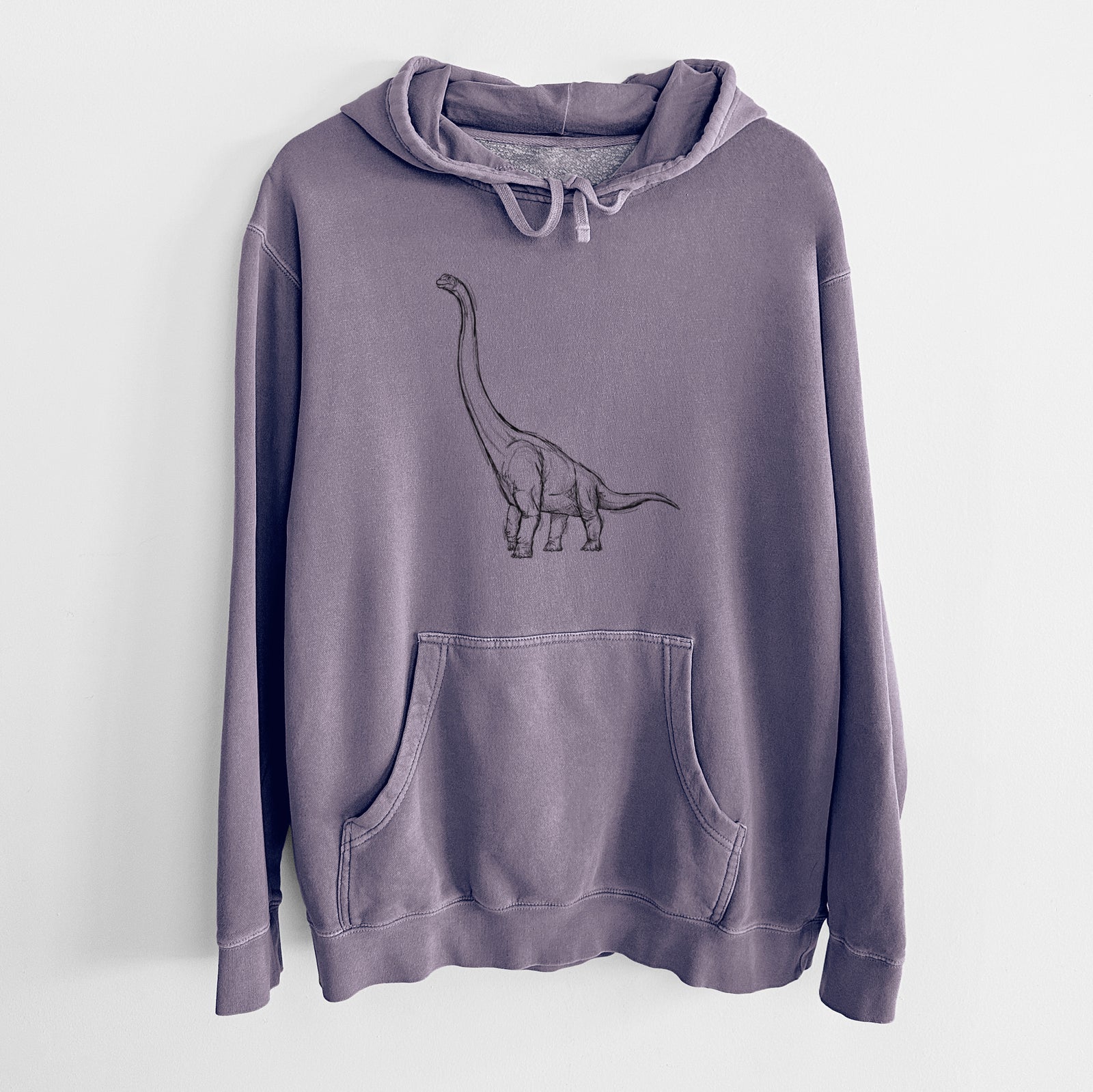Plum purple pigment dyed hoodie laid flat, printed with a black ink illustration of a long-necked Apatosaurus walking.