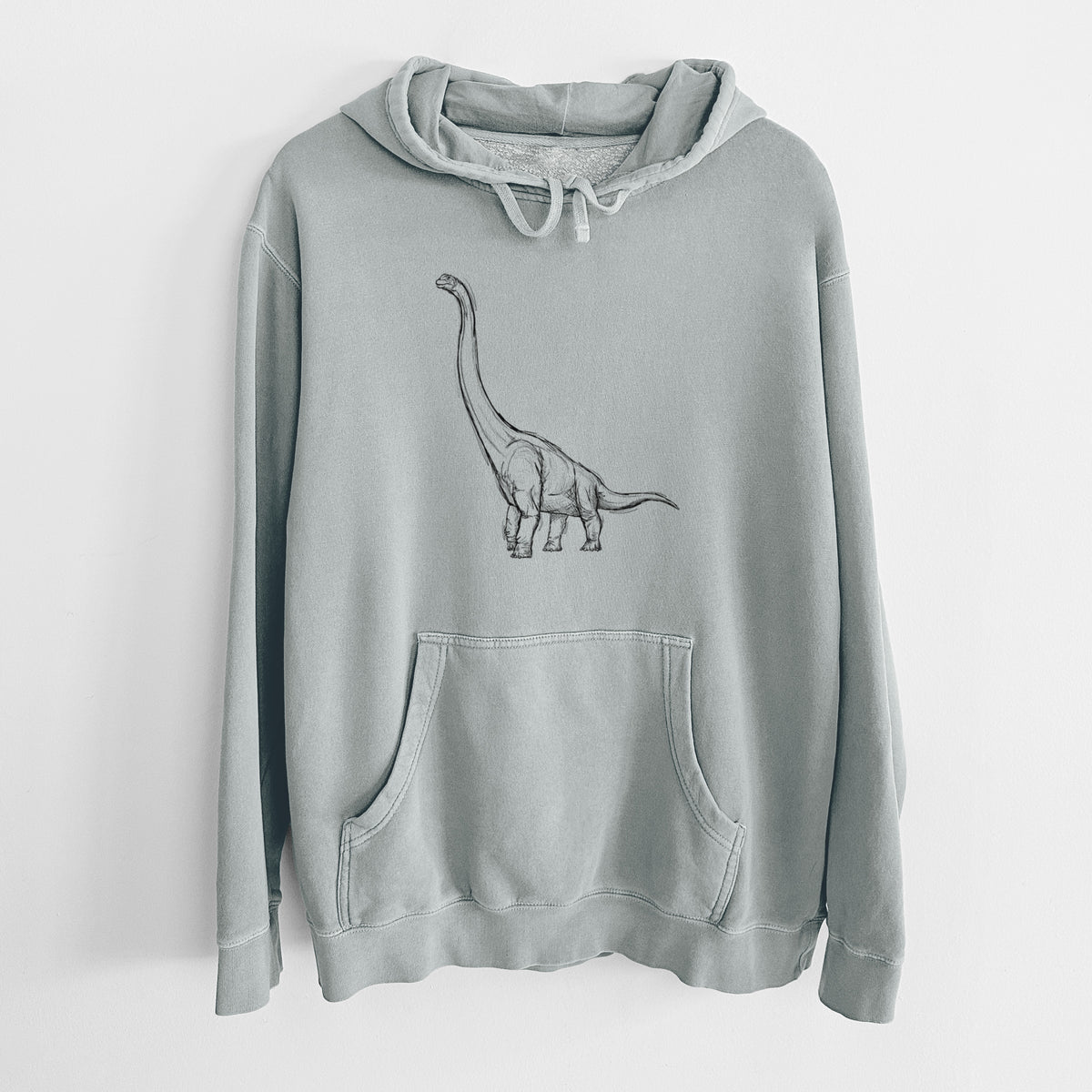 Sage green pigment dyed hoodie laid flat, printed with a black ink illustration of a long-necked Apatosaurus walking.