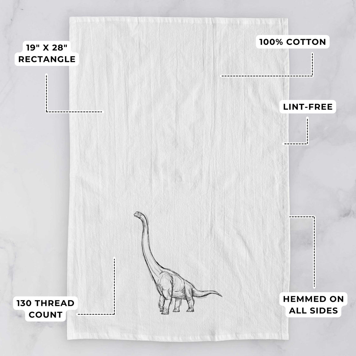 White tea towel printed with a black ink illustration of a long-necked Apatosaurus walking, with feature labels: 19 by 28 inch rectangle, 100% cotton, lint-free, 130 thread count, hemmed on all sides.