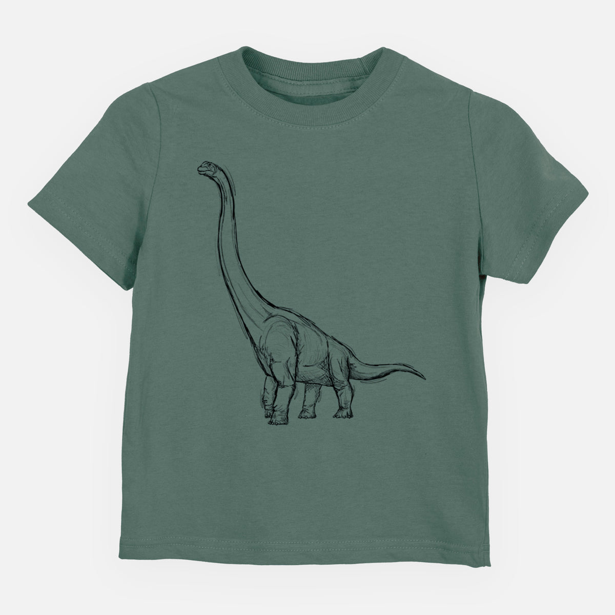 Basil green toddler t-shirt laid flat, printed with a black ink illustration of a long-necked Apatosaurus walking.