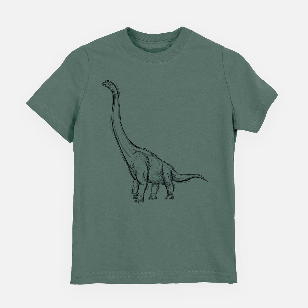 Basil green youth t-shirt laid flat, printed with a black ink illustration of a long-necked Apatosaurus walking.
