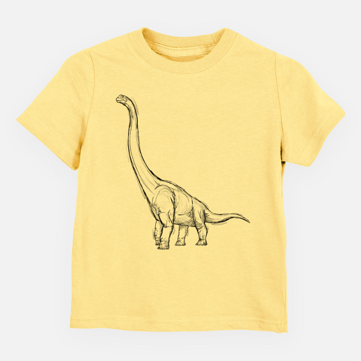 Butter yellow toddler t-shirt laid flat, printed with a black ink illustration of a long-necked Apatosaurus walking.