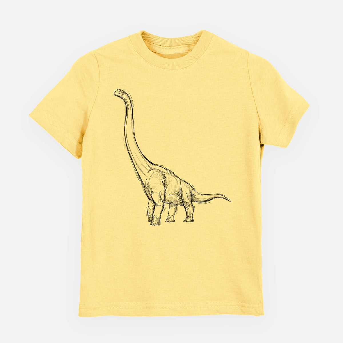 Butter yellow youth t-shirt laid flat, printed with a black ink illustration of a long-necked Apatosaurus walking.