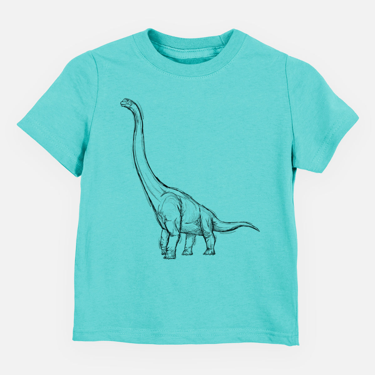 Caribbean blue toddler t-shirt laid flat, printed with a black ink illustration of a long-necked Apatosaurus walking.