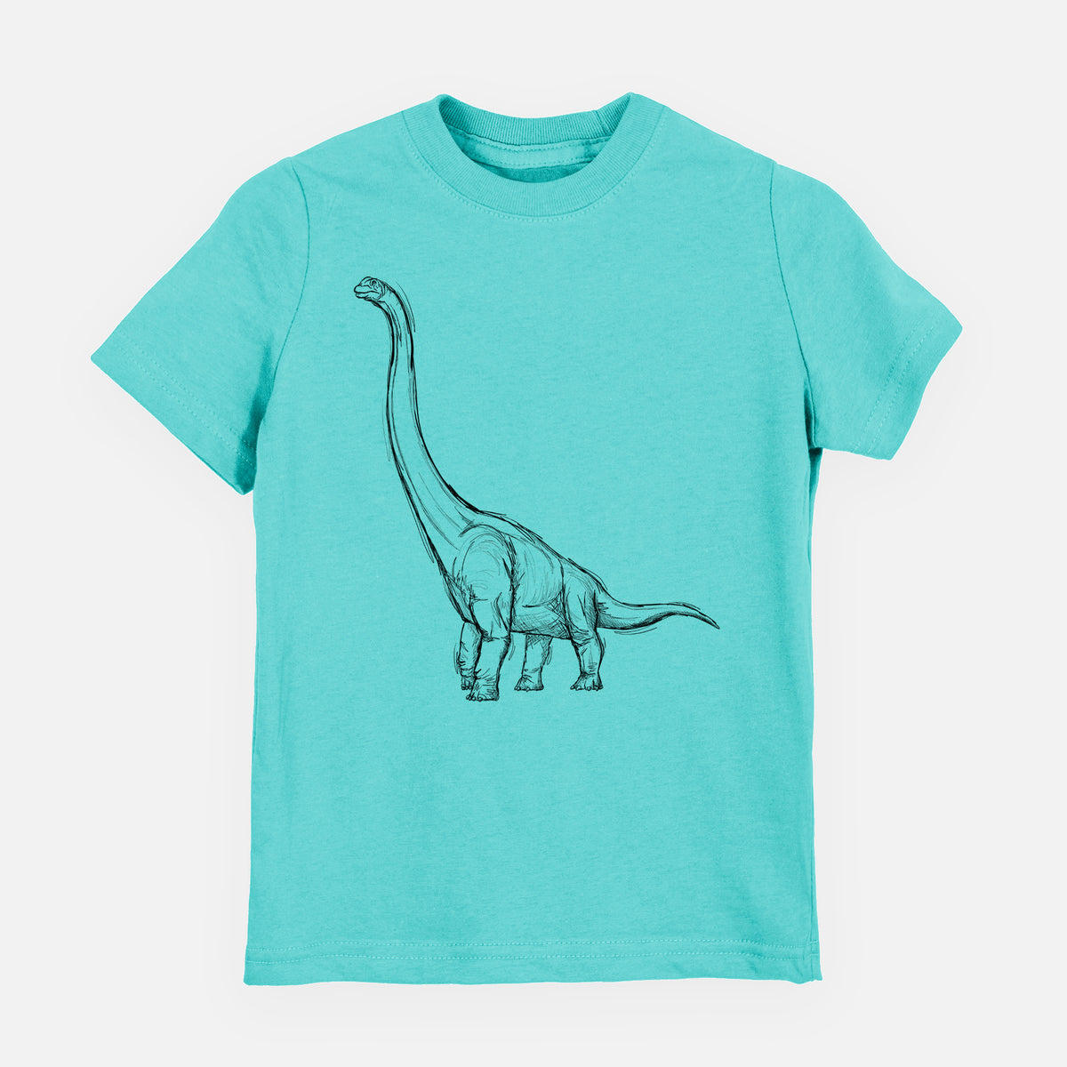 Caribbean blue youth t-shirt laid flat, printed with a black ink illustration of a long-necked Apatosaurus walking.