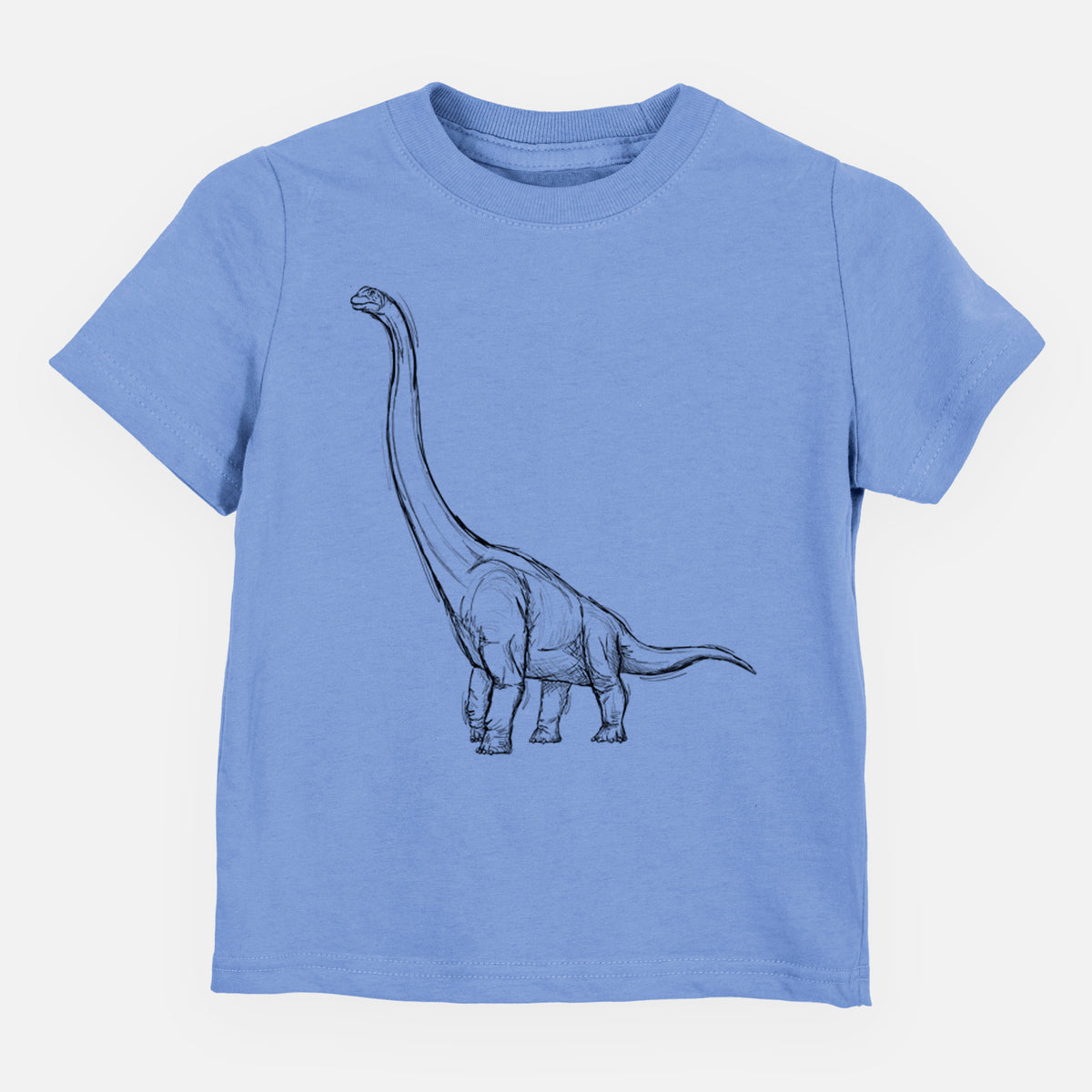 Carolina blue toddler t-shirt laid flat, printed with a black ink illustration of a long-necked Apatosaurus walking.