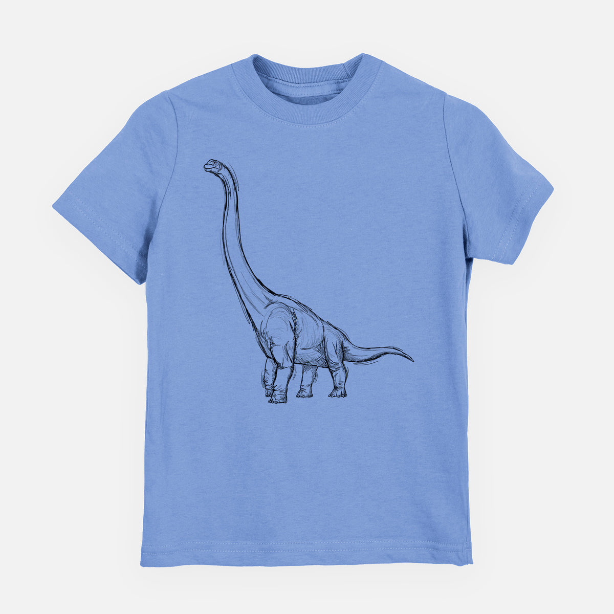 Carolina blue youth t-shirt laid flat, printed with a black ink illustration of a long-necked Apatosaurus walking.
