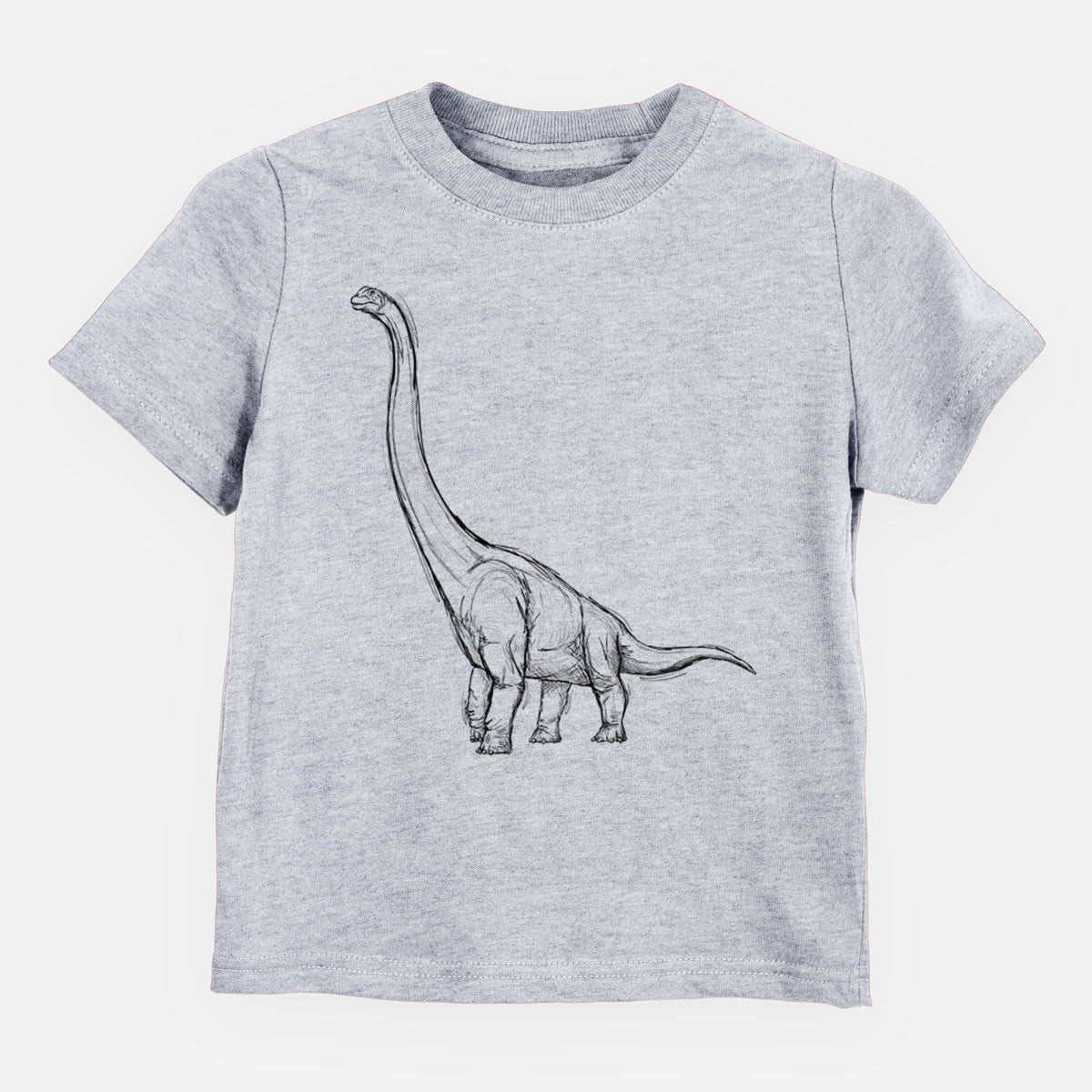 Heather grey toddler t-shirt laid flat, printed with a black ink illustration of a long-necked Apatosaurus walking.