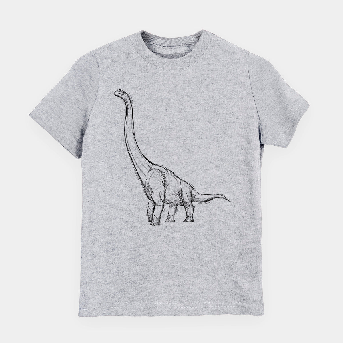 Heather grey youth t-shirt laid flat, printed with a black ink illustration of a long-necked Apatosaurus walking.