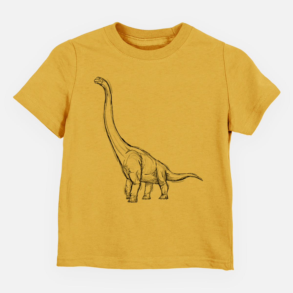 Honeycomb yellow toddler t-shirt laid flat, printed with a black ink illustration of a long-necked Apatosaurus walking.