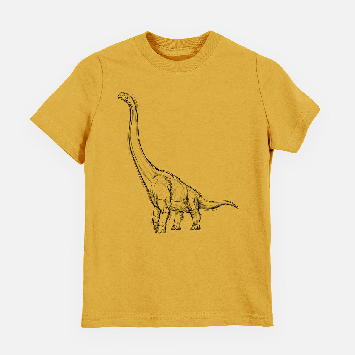 Honeycomb yellow youth t-shirt laid flat, printed with a black ink illustration of a long-necked Apatosaurus walking.