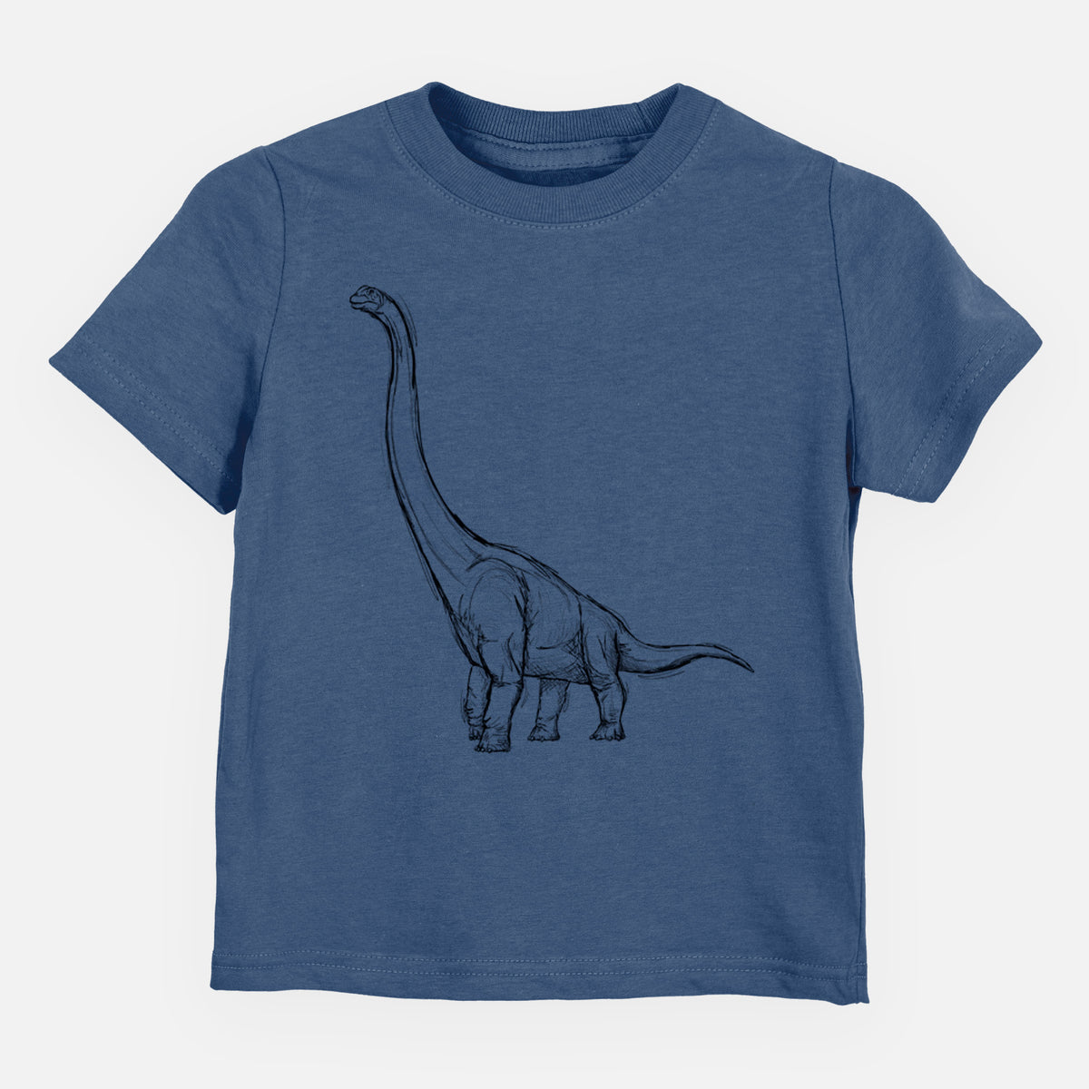 Indigo blue toddler t-shirt laid flat, printed with a black ink illustration of a long-necked Apatosaurus walking.