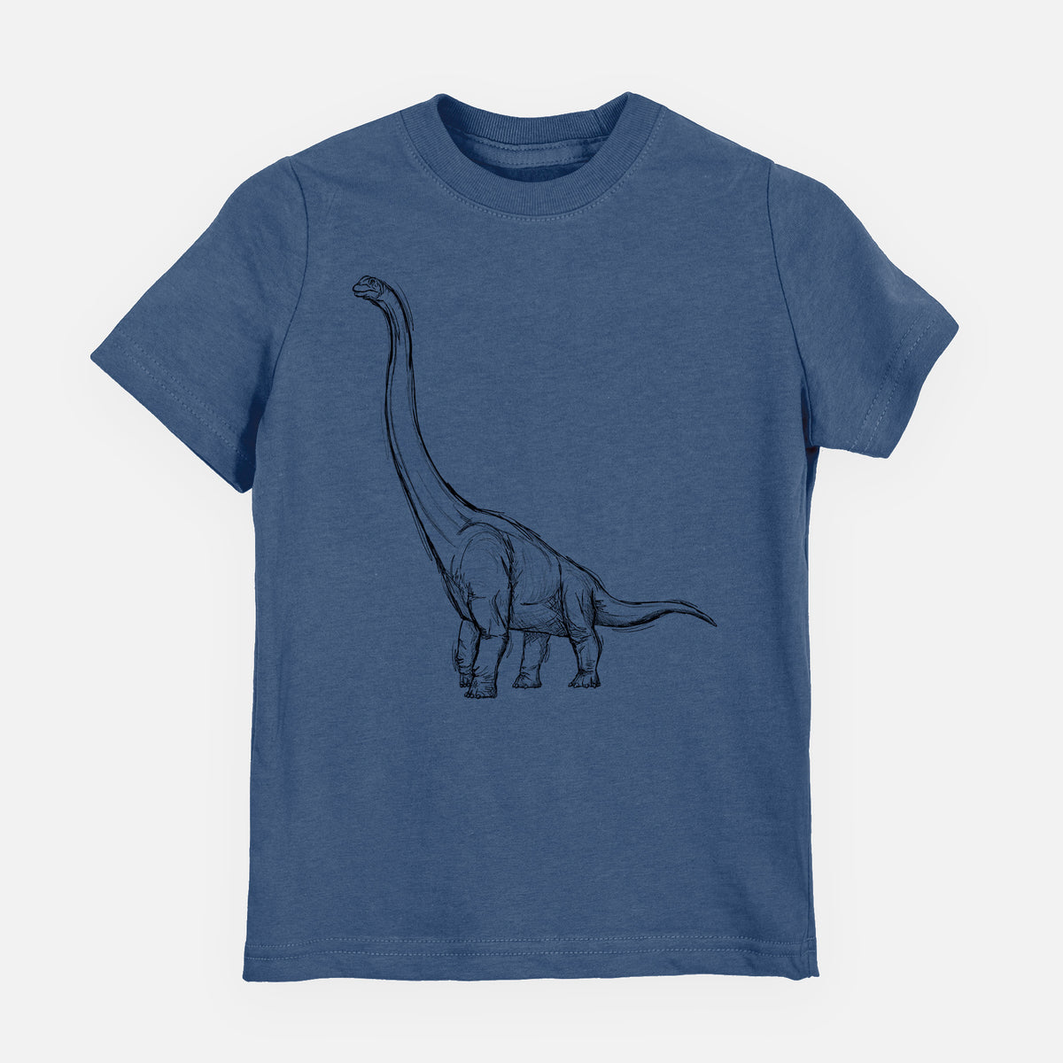 Indigo blue youth t-shirt laid flat, printed with a black ink illustration of a long-necked Apatosaurus walking.